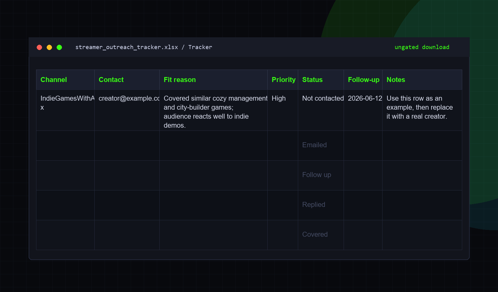 Preview of the GameOutreach streamer outreach tracker spreadsheet